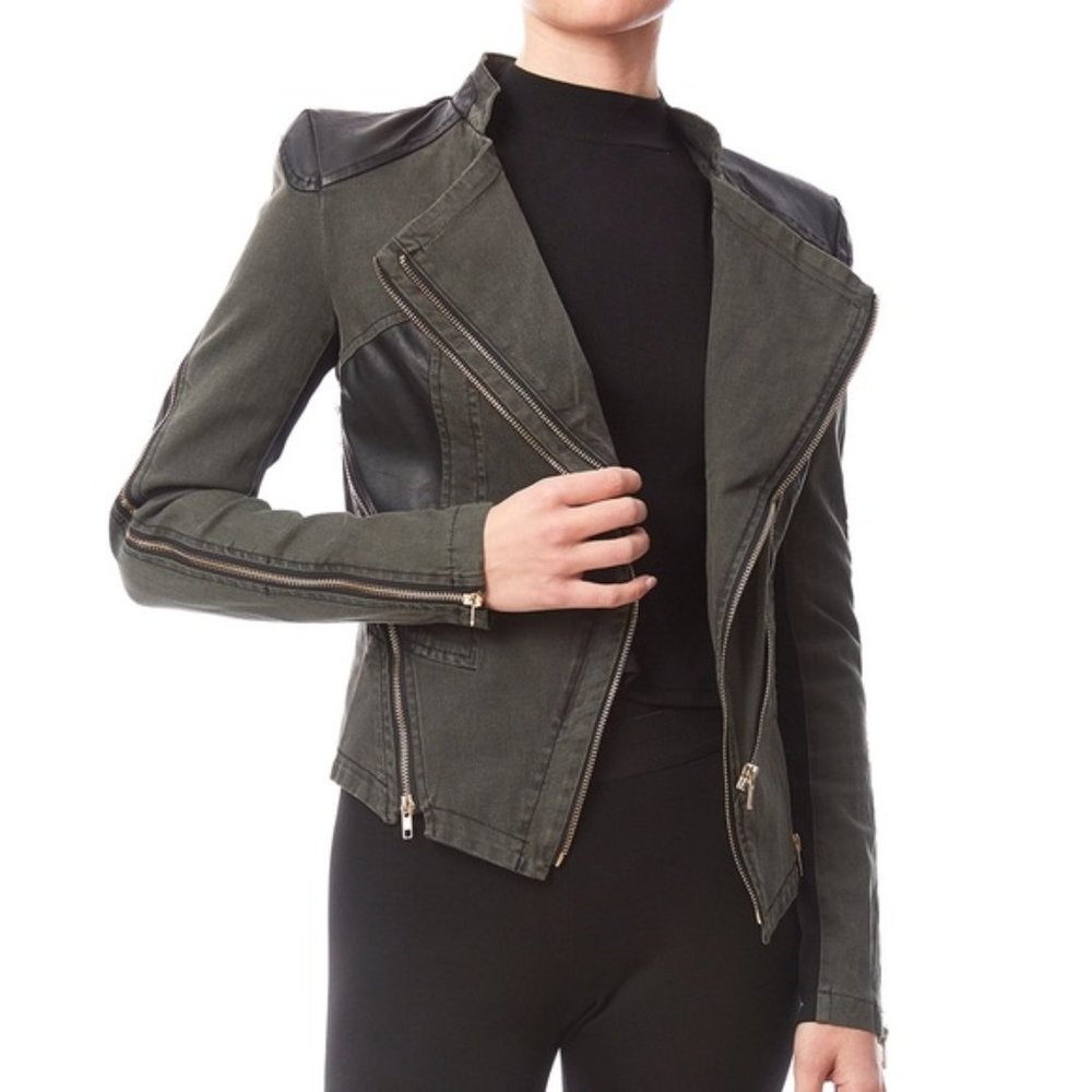 Comme olive green faux leather trim zipper details